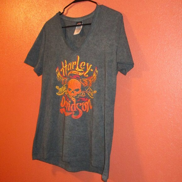 Harley Davidson Woman Large Gray Yellow Orange Graphic Skull Short Sleeve Shirt - Picture 5 of 9
